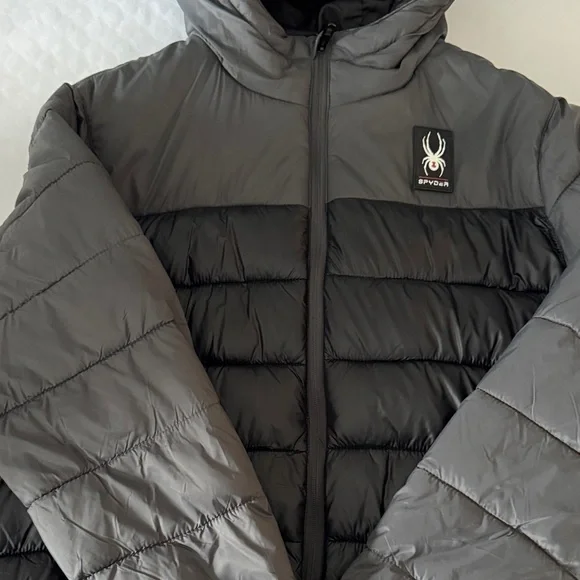 Spyder Men's Black and Dark Gray Puffer Jacket - Picture 3 of 7